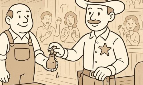 Sheriff Sam stands center, smiling and focused, wearing a large round hat and a big star, applying oil from a small bottle to a saloon door hinge while Farmer Joe to his left offers the bottle near a wooden chest; villagers in the background applaud; inside the saloon are textured wood floors and walls, benches and a counter, soft rays of light, visible hinge sketch and oil drops; calm, joyful small Wild West scene in clear line art with simple contours, child-friendly for young children.