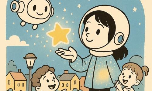 Zara Zefira, eroina dal volto gioioso e deciso, capelli neri lisci, casco tondo lucente e corto mantello scintillante, soffia dolcemente una stella luminosa dalla mano aperta verso un drone rotondo e spazioso a sinistra che, con grande schermo sorridente, perde piccole sfere stellari e fluttua sopra i tetti; a destra su una panchina una bimba di 5 anni con codini applaude stupita, davanti Zara un bimbo di 4 anni dai ricci ride e indica le stelle accovacciato vicino a un lampione basso; sfondo di tetti bassi e case colorate, piccolo parco erboso in primo piano e cielo blu notte con nuvole morbide e stelline che cadono come coriandoli; scena calda e rassicurante, vento mostrato da tratti curvi mentre Zara riporta la stella al drone.