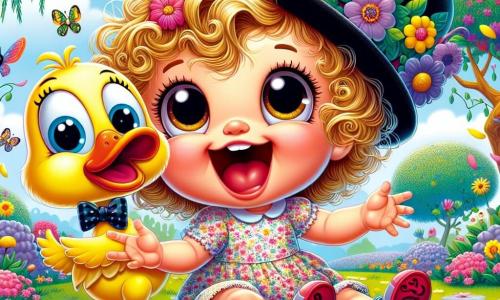 Una niña de 1 año, Lila, con cabello rizado y dorado, grandes ojos brillantes de alegría, está sentada en un jardín colorido riendo a carcajadas. Lleva un vestido de flores y sostiene un pequeño juguete en forma de pato. A su lado está Pato Pipo, un pato divertido con un gran sombrero negro y una pajarita roja, que baila alegremente sobre sus patas. Su sonrisa es contagiosa y parece listo para hacer reír aún más a Lila. El jardín está lleno de flores brillantes, mariposas revoloteando y un cielo azul claro con nubes esponjosas. Al fondo, se ve un gran árbol con ramas extendidas que ofrece sombra y una atmósfera mágica. La escena principal muestra a Lila y Pato Pipo riendo juntos mientras un enorme helado colorido, con sabores de fresa, chocolate y vainilla, comienza a bailar y balancearse, creando una escena alegre y llena de vida.