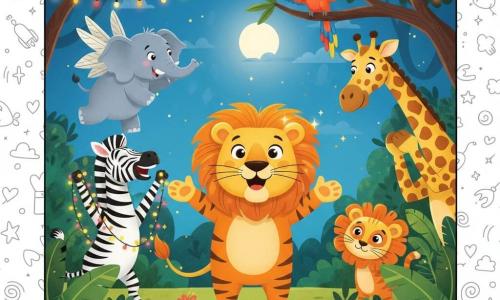 Un león llamado Leo, rostro redondo y gran melena dorada brillante, sonríe maravillado en el centro con un disfraz improvisado de tigre y patas delanteras abiertas como recibiendo a sus amigos; a su izquierda la cebra Zazú, rayas negras y blancas, ríe sosteniendo guirnaldas; a la derecha el gato Gato, pelaje rojizo y travieso, lleva una máscara de león demasiado grande y se esconde tras un arbusto; sobre ellos el loro Pipo, de plumas vivas, aletea desde una rama; al fondo a la derecha la jirafa Juana, manchada, hace una reverencia cómica; a la izquierda Ema, la elefanta gris, lleva torpemente alas de papel y da un pequeño salto; la fiesta ocurre de noche en un claro de jungla con hojas oscuras, hojas de plátano, flores y guirnaldas luminosas bajo la luna, todos los animales disfrazados se maravillan y ríen alrededor de Leo en un ambiente alegre y colores cálidos con rasgos simples y expresiones exageradas para enfatizar el humor.