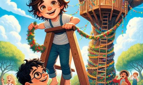 Um garoto de 10 anos, Lucas, com cabelos castanhos bagunçados e olhos cheios de curiosidade, está em uma escada de madeira, sorrindo enquanto pendura guirlandas coloridas em sua nova casa na árvore. Ao lado dele, seu amigo Tomás, também de 10 anos, com cabelos negros e óculos redondos, o ajuda segurando uma tábua de madeira, com uma expressão concentrada, mas alegre. O cenário é uma linda casa na árvore, situada em um grande carvalho com folhas verdes vibrantes, rodeada de flores multicoloridas e um céu azul claro com nuvens brancas. Abaixo, um grupo de crianças se diverte, rindo e compartilhando lanches, criando uma atmosfera de festa e amizade. A cena captura o momento alegre da inauguração da casa na árvore, simbolizando a amizade e o trabalho em equipe.