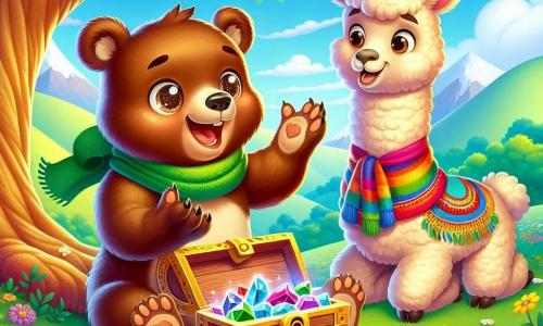 Benny, a small brown bear with sparkling eyes and a joyful smile, is sitting under a large tree with green and golden leaves, holding an open wooden chest filled with shiny stones. He looks amazed and curious, with his little paws raised in surprise. Next to him, Paco, a soft and creamy llama wearing a colorful scarf, smiles proudly, looking at Benny with friendly eyes. The setting is a beautiful mountain valley, surrounded by lush hills and vibrant flowers of all colors, under a clear blue sky dotted with fluffy white clouds. The scene exudes a joyful and magical atmosphere, full of discovery and friendship. Benny and Paco celebrate their adventure by discovering the treasure, surrounded by the natural beauty of the valley.