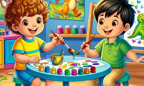 A 3-year-old boy named Benny, with curly brown hair, joyfully smiles while holding a colorful brush. He wears a bright yellow t-shirt and blue shorts, sitting at a painting table surrounded by vibrant paint pots. Next to him, Sam, also 3 years old with straight black hair, gazes in awe at a dinosaur drawing he just made. Sam is dressed in a green t-shirt and beige pants, standing a bit back but his face lights up with happiness. The setting is a bright classroom at Rainbow Academy, with colorful walls, children's drawings hanging up, and sunlight streaming through the windows, creating a warm atmosphere. The main scene shows Benny and Sam painting together, sharing laughter and colors, creating an imaginary world filled with dinosaurs and joy, symbolizing their new friendship.