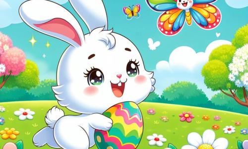 A small white rabbit with big ears and a joyful smile is hopping in a green field dotted with colorful flowers. Its eyes shine with excitement as it discovers a brightly decorated egg. Nearby, a beautiful butterfly with multicolored wings flies gracefully, showing a happy expression. It delicately lands on a flower, adding a touch of magic to the scene. The setting is a sunny field filled with vibrant flowers under a clear blue sky with fluffy white clouds. Flowering trees line the field, creating a cheerful spring atmosphere. The main situation shows the rabbit marveling at the beauty of spring, playing and exploring its surroundings, while the butterfly dances around it, celebrating the arrival of the season.
