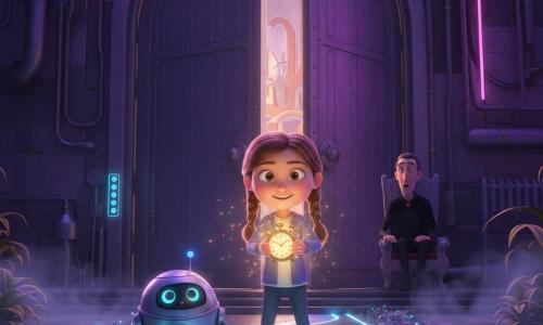 Una niña de 4 años, Lila, sonriente y orgullosa, con coletas castaño claro y ojos grandes, sostiene un pequeño reloj antiguo que brilla en dorado frente a la gran puerta del castillo; a su izquierda está Zappy, un robot pequeño y redondo de carrocería plateada con luces azules que proyecta un camino luminoso; el villano, hombre de 35–45 años, delgado y con capa negra, aparece sorprendido y retrocede sentado junto a un trono metálico; lugar: entrada de un castillo futurista de metal cepillado con puertas abiertas, neones violetas y azules, humo ligero, plantas luminosas y suelo reflectante; situación: Lila ha ganado una carrera y alza el Reloj del Tiempo mientras Zappy ilumina la salida en una escena dinámica al crepúsculo con contrastes cálidos y fríos.