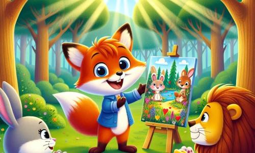 A young fox named Felix, with bright orange fur and a white tail, stands at the center of the scene, displaying a big smile of joy and pride. He is presenting a colorful painting of the forest filled with hearts to his friends. To his right, Bella the bunny, with long ears and sparkling eyes, enthusiastically claps her front paws in support. On the left, Leo the lion cub, with his golden mane and friendly look, smiles and encourages Felix, sitting on the green grass surrounded by colorful flowers. The setting is a sunny clearing in the forest, with majestic trees and vibrant flowers swaying in the breeze. Sunlight filters through the branches, creating a warm and welcoming atmosphere. The main scene shows Felix surrounded by his friends, celebrating his creativity on a special day dedicated to art and friendship, where everyone shares their talents and support, illustrating the strength of collaboration in facing challenges.