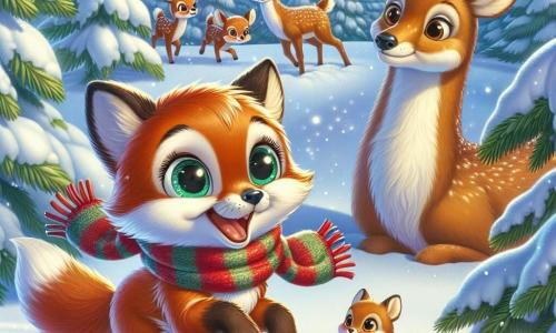 Ein kleiner Fuchs mit funkelnden Augen und glänzendem rotem Fell, um den Hals ein buntes Tuch, springt fröhlich im Schnee und hinterlässt eine Spur kleiner Fußabdrücke. Er hat ein großes Lächeln im Gesicht, das seine Neugier und Begeisterung für den Winter ausdrückt. In der Nähe beobachtet eine Gruppe majestätischer Rehe mit großen Geweihen und sanften Augen den Fuchs wohlwollend. Sie scheinen amüsiert und neugierig, stehen nahe einer großen, schneebedeckten Tanne, ihre Köpfe geneigt zum kleinen Fuchs. Die Szenerie ist eine wunderschöne Winterlandschaft mit hohen, majestätischen Bäumen, deren Äste mit funkelndem Schnee unter dem Sonnenlicht beladen sind. Der Boden ist mit einer dicken Schicht makellosen Schnees bedeckt, und sanfte Schneeflocken fallen vom hellblauen Himmel. Die Hauptsituation zeigt den Fuchs, der im Schnee spielt und die Magie des Winters entdeckt, während die Rehe ihn freundlich beobachten und eine warme, fröhliche Szene im Herzen der verschneiten Natur schaffen.