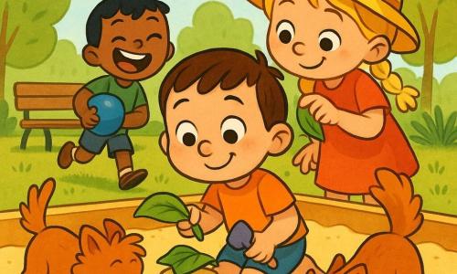 Un băiat de 4 ani, păr scurt bălai-închis, ochi strălucitori, faţă rotundă şi dolofană, zâmbet timid dar curajos, ţine o lopăţică şi o găletușă roşie pătată cu apă, îngenuncheat în nisip reparând mini-prăjituri de nisip; o fetiţă de ~5 ani cu păr blond în împletituri şi pălărie galbenă, zâmbitoare şi ghiduşă, stă lângă el ajustând o frunză verde ca 