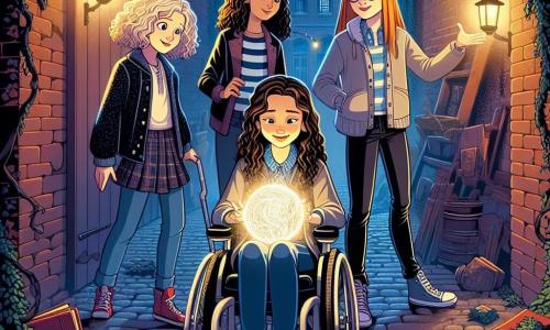 In a dark and mysterious alley of Silver City, four brave girls stand together. Clara, a twelve-year-old with curly brown hair, is in her wheelchair, holding a beautiful glowing orb in her hands. To her right is Lila, a mischievous eleven-year-old with braided blonde hair, smiling boldly, ready to face the unknown. On her left, Rina, a twelve-year-old with smooth black hair, observes attentively, her eyes sparkling with intelligence. Finally, Vida, a twelve-year-old with round glasses and brown hair, is leafing through an old book of magic, looking focused. The scene takes place in a narrow alley lined with ancient brick walls covered in ivy, where twinkling lights dance in the twilight air. Mysterious shadows loom on the cobblestone ground, and a magical aura envelops the place, as if time has stopped. The girls are preparing to confront Nox, a mysterious antagonist lurking in the shadows, ready to challenge them. The atmosphere is tense as Clara raises the glowing orb, illuminating their determined faces.