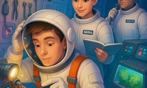Ein Astronautenmann, junger Erwachsener mit weichen Zügen, kurzen braunen Haaren, konzentriert aber leicht erleichtert, Helm teilweise hochgestellt, hält einen kleinen Schraubendreher und zieht an einer Sensorschraube; seine Sicherheitsweste mit Gurten ist sichtbar und eine Hand greift an einen Metallgriff. Eine Frau (Mira), etwa 30 Jahre, helle Haut, Haare zu einem Dutt gebunden, beruhigendes Lächeln, schwebt hinter ihm, liest Werte auf einem leuchtenden Tablet und zeigt mit dem Finger eine Seite des Handbuchs. Ein Mann (Okafor), reiferen Alters, dunkle Haut, ruhiger Blick, steht an einem Bedienfeld und spricht ins Mikro, weist auf die Vorgehensweise hin; er trägt einen leicht abweichenden Anzug und ein Kommandantenabzeichen. Innenraum: Arbeitsraum einer Raumstation mit gebogenen Metallwänden, runden Luken, Reihen von Haken und Taschen mit an Schnüren befestigten Werkzeugen, kleinen rosa und weißen LED-Lichtern und einem Pflanzenmodul mit grünem Salat in transparenten Behältern im Hintergrund. Szene: Reparatur eines externen Sensors mit gerichteter Lichtquelle, bunten Drähten, Bildschirmen mit einfachen Grafiken, leicht gelockerter Sitzgurt in Neuanordnung; Teamarbeit, präzise Gesten, Atemblasen im Helm und Spiegelungen auf dem Metall. Grafikstil: klare gesättigte Farben, weiche Schatten, glatte metallische Texturen, kindlich-beruhigende Details, Komposition zentriert auf den Mann, der den Sensor repariert, die beiden Teammitglieder nahe dabei.
