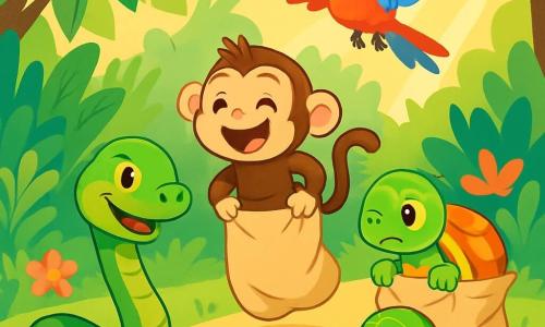 Un serpiente llamado Tito, con escamas verdes brillantes y ojos chispeantes de malicia, se desliza alegremente por el suelo de la selva, mostrando una amplia sonrisa. A su lado, un pequeño mono llamado Mario, con pelaje marrón y ojos redondos, salta dentro de un saco de compras, riendo a carcajadas. Una tortuga llamada Tina, con un caparazón colorido y un aire concentrado, avanza lentamente en su propio saco, mientras que un loro llamado Paco, con plumas brillantes de rojo y azul, vuela sobre ellos gritando ánimos. La escena se desarrolla en una selva exuberante, llena de grandes hojas verdes, flores coloridas y rayos de sol que se filtran a través de los árboles. En el centro, una línea de meta está trazada con hojas y flores, añadiendo un toque festivo al evento. Tito y sus amigos participan en una divertida carrera de sacos, cada uno tratando de cruzar la línea de meta mientras ríen y se divierten juntos.