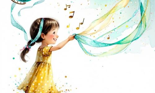 Una niña de 6 años, alegre y concentrada, con coletas castañas, vestido amarillo de lunares y rodillas sucias, extiende la mano para tocar una cinta de viento translúcida; su rostro expresivo con ojos grandes y sonrisa suave. Detrás de ella gira lentamente un globo terráqueo turquesa y dorado que emite pequeñas chispas doradas. Vientos personificados como cintas coloridas (azul claro, verde menta y rosa empolvado), brillantes y semitransparentes, la rodean en bucles juguetones. Instrumentos musicales suspendidos (violín marrón, flauta plateada, pequeños tambores rojos) flotan en el fondo con notas en remolinos; libros abiertos vuelan en arco alrededor de una ventana alta, páginas amarillentas y letras visibles, y algunas hojas caen suavemente. La escena ocurre en una pequeña sala secreta de una vieja estación de piedra, con muros rugosos y luz cálida filtrando por la ventana alta con polvo en los rayos. Situación principal: la niña toca con ternura una cinta de viento revuelta y la calma; los demás vientos se relajan, creando una atmósfera mágica y apacible en colores pastel y con textura de lápiz.