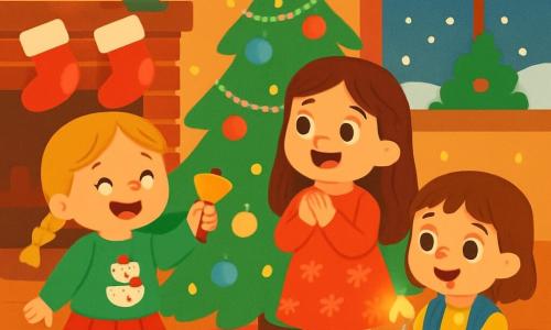 Hay 3 personajes: - Lucía: una niña de 6 años, con largos cabellos castaños y ojos brillantes. Lleva un vestido rojo con motivos de copos de nieve y está cerca del árbol, maravillada por las luces. - Ana: una niña de 5 años, con trenzas rubias y una sonrisa alegre. Lleva un suéter verde con un muñeco de nieve y agita una pequeña campana dorada, de pie a la izquierda de Lucía. - Sofía: una niña de 4 años, con cabello castaño y ojos curiosos. Lleva una falda de lunares y un chaleco azul, sosteniendo una vela encendida, sentada en la alfombra frente al árbol, rodeada de pasteles en forma de estrella. El lugar es una acogedora casita decorada para Navidad, con un gran árbol verde iluminado con guirnaldas brillantes y bolas de colores. Copos de nieve caen suavemente afuera, mientras que dentro, luces doradas crean un ambiente mágico. Pasteles en forma de estrella están dispuestos sobre una mesa de madera, y calcetines navideños cuelgan cerca de la chimenea. La situación principal muestra a las tres niñas cantando alegremente alrededor del árbol, con risas y sonrisas radiantes, mientras una bola de Navidad ha caído al suelo, añadiendo un toque de sorpresa a esta escena festiva.