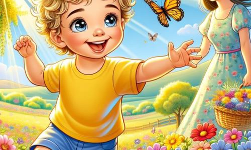 Een jongetje van 2 jaar met blond, krullend haar en grote, sprankelende ogen rent door een veld vol kleurrijke bloemen en lacht luid. Hij draagt een felgele t-shirt en een blauwe short en steekt zijn armen uit naar een mooie vlinder die voor hem vliegt. Naast hem staat zijn moeder, een vrouw van ongeveer 30 jaar met bruin haar in een knot, die liefdevol glimlacht terwijl ze een mand vol bloemen vasthoudt. Ze draagt een lichte bloemenjurk en staat iets naar achteren, haar zoon met liefde observerend. De locatie is een prachtig lentefeld, verlicht door het gouden zonlicht, vol met bloemen in alle kleuren: rood, geel, paars en wit, met groene bomen op de achtergrond en een blauwe lucht met enkele wolken. De hoofdscène toont het jongetje dat verwonderd is door de schoonheid van de natuur, achter de vlinder aanrennend, terwijl zijn moeder hem aanmoedigt met een glimlach, wat een vrolijke en levendige scène creëert die de magie van de lente symboliseert.