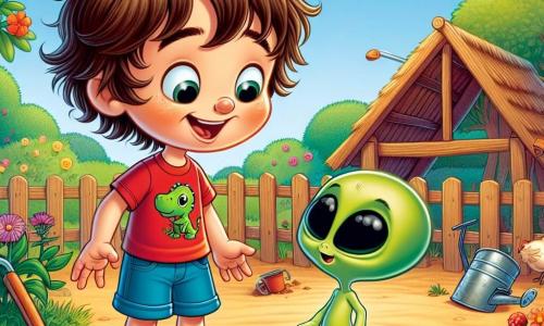 Um garoto de 6 anos, Léo, com cabelo castanho bagunçado e olhos brilhantes de curiosidade, está em um jardim ensolarado, com um grande sorriso de admiração no rosto. Ele usa uma camiseta vermelha com um dinossauro e um short azul, e observa com fascínio uma pequena criatura extraterrestre. Plip, o extraterrestre, é uma pequena criatura verde, medindo apenas 50 centímetros, com grandes olhos redondos e um sorriso travesso, está ao lado de Léo, com os braços levantados como se pedisse ajuda. O jardim está cheio de flores coloridas, árvores frondosas e um galinheiro de madeira ao fundo, onde galinhas ciscam o chão. A cena principal mostra Léo e Plip examinando ferramentas de jardinagem, como uma pá e um regador, em busca de uma solução para consertar a nave espacial escondida nos arbustos.