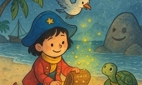 Luna, una donna pirata sorridente dai capelli neri corti con ciocca, porta un grande cappello blu con una piccola stella, una giacca rossa con bottoni dorati e una sciarpa gialla; è inginocchiata sulla sabbia mentre apre una piccola scatola di legno e sorride, il volto illuminato da lucciole gialle e verdi. Milo, un gabbiano birichino grigio e bianco con una piccola penna arricciata, vola sopra Luna facendo un cenno d'ala con sguardo curioso. Pepa, una tartaruga femmina lenta con carapace verde a motivi, è seduta al bordo dell'acqua e osserva la scatola con occhi calmi. Bombo, un piccolo granchio rosso, sta su una roccia vicina con le chele alzate come per salutare e guarda le lucciole. Luogo: una piccola baia su un'isola con sabbia color crema, palme inclinate verso il mare, una grande roccia con una fessura a forma di sorriso e onde argentate sotto una luna rotonda; si percepisce una serena notte estiva con leggere gocce ancora sulle vele di una barca ormeggiata. Stampa grafica: inchiostro colorato, tratti morbidi, tonalità pastello sature, texture di sabbia e schiuma visibili e espressioni semplici e leggibili per bambini.