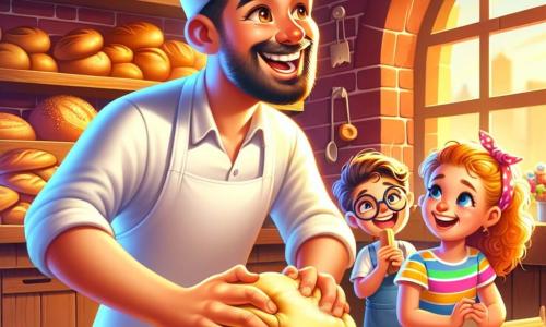 A cheerful man, Mr. Benny, is at the center of the scene, wearing a large white baker's hat and a clean apron. His face is smiling, with sparkling eyes and rosy cheeks. He is kneading a golden ball of dough on a wooden table, surrounded by scattered flour. Next to him, a little girl, Mia, 7 years old, with curly hair and a colorful dress, watches in awe the kneading process, her hands covered in dough. A boy, Max, 8 years old, wearing glasses and a striped t-shirt, stands just behind, holding a rolling pin and smiling enthusiastically. The setting is a cozy bakery, with red brick walls, wooden shelves filled with golden breads and colorful pastries. Morning light streams through the windows, illuminating the scene with a soft glow. The main situation shows Mr. Benny teaching the children how to knead the dough, with laughter and flour in the air, creating a joyful and playful atmosphere.