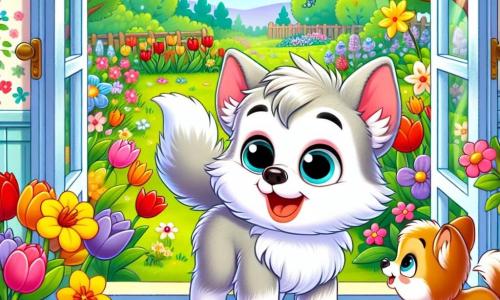 Um pequeno lobo com olhos brilhantes e pelagem macia, com um grande sorriso deslumbrado, está perto de uma janela aberta, olhando para o jardim em flor. Sua cauda balança de excitação. Ao lado dele, sua mamãe, uma loba de pelagem sedosa e olhos ternos, sorri calorosamente enquanto lhe explica a beleza da primavera. O jardim está repleto de flores vibrantes, como tulipas vermelhas, narcisos amarelos e violetas, com borboletas coloridas dançando no ar ensolarado. O pequeno lobo, curioso e alegre, se prepara para ir à escola, ansioso para descobrir as maravilhas desta nova estação.