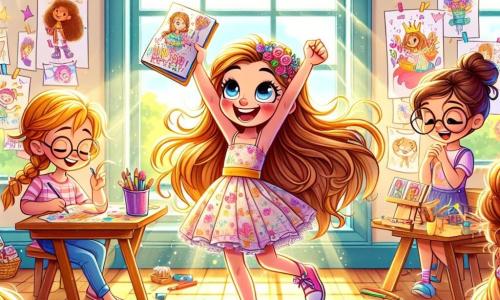 Uma menina de 10 anos, Sofia, com longos cabelos castanhos e olhos brilhantes de alegria, está de pé no centro, segurando um grande caderno cheio de desenhos coloridos. Ela sorri com entusiasmo, suas bochechas rosadas pela excitação. Ao lado dela, sua melhor amiga Júlia, também de 10 anos, tem cabelos loiros trançados e usa um vestido florido. Ela dança alegremente, com os braços levantados, como se já estivesse no palco. Um pouco mais longe, Ana, outra amiga de 10 anos, tem cabelos castanhos e usa óculos. Ela está sentada no chão, desenhando convites em papel colorido, concentrada mas sorridente. A cena acontece em uma sala de aula iluminada, com paredes decoradas com desenhos de crianças e guirlandas coloridas penduradas no teto. Mesas de madeira estão cobertas com materiais artísticos, e uma grande janela deixa entrar a luz do sol. Sofia e suas amigas estão preparando um espetáculo surpresa para o Dia das Mães, com risadas, danças e criações artísticas, preenchendo o ar com uma atmosfera alegre e festiva.