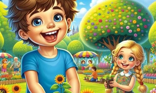 A 10-year-old boy named Oliver stands at the center of the image, with a big smile on his joyful face. He has messy brown hair, sparkling curious eyes, and is wearing a bright blue t-shirt and beige shorts. Oliver is planting sunflower seeds in a clay pot, with dirt on his hands, showing his enthusiasm for gardening. Next to him is a 9-year-old girl named Mia. She has braided blonde hair and is wearing a colorful floral dress. Mia holds a small notebook and a pencil, ready to note the different plants they discover together. She smiles at Oliver, sharing this learning moment. The setting is a blooming park, with majestic trees and vibrant flowers scattered on the ground. In the background, families enjoy a spring festival, with colorful tents and children playing joyfully. The main scene shows Oliver and Mia planting sunflower seeds, surrounded by the beauty of spring, symbolizing the joy of discovering nature and growing together.