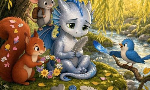 Poppy, a small silver-and-blue dragon with bright green eyes and a gentle, slightly sad expression, sits on a moss cushion holding a gray feather; Max, a gray mouse who looks mischievous but caring, smiles from Poppy’s shoulder with a small brown backpack; Lily, a red squirrel with a fluffy tail decorated with petals, places a flower crown beside Poppy; Benny, a small bright blue bird, perches on a low branch to the right offering a shiny blue feather and looking encouraging. The scene is under a willow by a clear stream—green moss, silver pebbles, yellow leaves, wildflowers, and golden light filtering through branches—with the friends gathered in an improvised “weather corner” where comforting objects (gray feather, blue feather, heart-shaped stone, button) lie on the moss, creating an intimate, soothing atmosphere of soft colors and warm contrasts centered on Poppy to convey shared gentle sadness.
