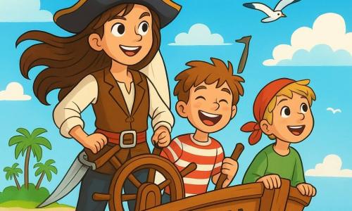 Młoda piratka, Lena, dumnie stoi na dziobie swojego statku, 