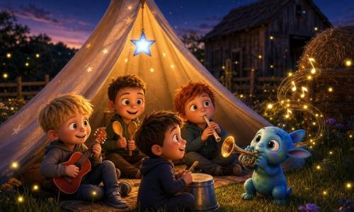 Er zijn vijf personages: Sam, jongen 5 jaar, kort blond haar, houdt een kleine rode gitaar, zittend links bij de tentingang en glimlachend naar de alien; Joris, jongen 5 jaar, kort bruin haar, slaat twee houten lepels tegen elkaar, zittend rechts van Sam iets naar achteren in de tent; Bram, jongen 5 jaar, rood haar, speelt een kleine witte fluit, zittend rechts van de ingang en kijkend naar de sterren; Finn, jongen 5 jaar, kastanjebruin haar, klopt zacht op een metalen emmer als trommel, zittend in het midden voor de alien; de extraterrestre, klein als een konijn, lichtblauwe huid met groene vlekken, drie vingers per hand, grote ronde heldere ogen, houdt een glanzend trompetachtig instrument met drie bochten en blaast een fonkelende noot. Plaats: oude boerderij bij schemering met lage bloemen in het veld, hooibaal en houten schuur op de achtergrond, lichtgrasma onder de tent, diepe sterrenhemel met enkele felle sterren en rondzwevende vuurvliegjes. Situatie: in een cosy beige tent op het veld maken de vier jongens en het wezen samen muziek; een blauwe sterrenlamp geeft zacht licht, muzikale noten zijn glinsterende deeltjes die uit het instrument komen en de kinderen omringen, vrolijke gezichten, warme kleuren en magische, vriendschappelijke sfeer, compositie gecentreerd op de open tent met verlichte gezichten.