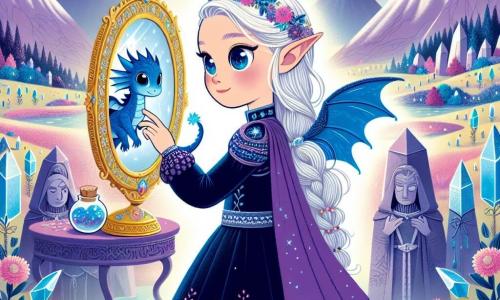 A young elf named Lirael, with long silver hair and star-bright eyes, stands at the edge of a magical mirror in the Valley of Echoes. She wears a midnight blue velvet dress adorned with sparkling patterns, her face expressing both determination and gentleness. Beside her, a small dragon named Pip, with sapphire blue scales and twinkling eyes, perches on her shoulder, curiously gazing at the mirror. The enchanted valley is surrounded by floating mountains and fields of crystals shimmering under a lavender sky. Statues of legendary heroes with proud faces stand around them, whispering wisdom. The main scene shows Lirael, ready to make a sacrifice, placing a small crystal vial filled with dew at the center of the mirror, as golden light begins to burst forth from it, illuminating the scene with radiant magic.