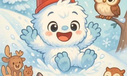 A joyful chubby white-blue-furred Yeti with round shiny eyes and a wide smile pops out of a red bucket like a hat at the end of a slide, paws splayed and snow flying; to the right, a small wise brown-and-cream owl named Ollie perches on a low branch watching amusedly; at the bottom left, a playful gray-striped raccoon stands on two feet clapping mischievously; behind the raccoon, chibi spectators (long-eared rabbits, bushy-tailed squirrels, a smiling moose) form a laughing, applauding semicircle; the scene is a bright, festive moment on a glossy snowy slope under a pale sky with snow-covered firs, sparkling ice crystals, and slide tracks.