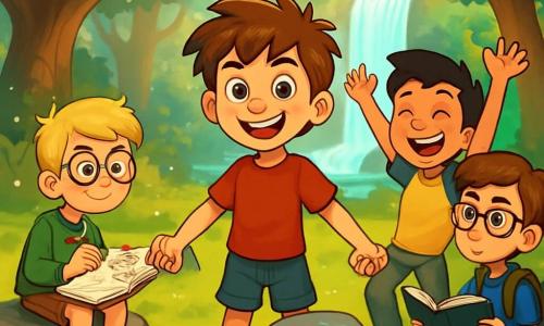 There are four children: Leo, a 12-year-old boy with messy brown hair and sparkling green eyes, wearing a red t-shirt and denim shorts, standing in the center with a big determined smile. Finn, an 11-year-old boy with blond hair and round glasses, is sitting on a stone to the left of Leo, dreamily drawing fantastical creatures in his notebook. Jasper, also 12, has chestnut hair and rectangular glasses, slightly behind to the right of Leo, holding an open book and looking around curiously. Max, an 11-year-old with black hair and a bright smile, stands next to Leo, raising his arms enthusiastically, ready for adventure. The setting is a magical clearing in the heart of the Whispering Woods, surrounded by majestic twisted trees with leaves sparkling like diamonds in the sun. In the center, a huge rock carved with glowing runes emits a soft light, while a curtain of crystal-clear water from a waterfall cascades in the background, creating an enchanting atmosphere. The main situation shows the four friends gathered around the mysterious rock, determined to prove their courage and uncover the secret of the Heartstone. They hold hands, united by their friendship, ready to face the guardian of the magical stone waiting for them in the shadows.