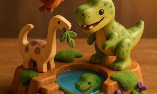 Een gelakt houten speelgoed-Tyrannosaurus Rex genaamd Timo, zachtgroen met donkere vlekken, staat bovenop een gewaxed houten rotsplateau en kijkt verwonderd naar zijn spiegelbeeld in een klein blauw vijvertje; links staat Lila de sauropode met lange gekromde nek in crèmekleur met paarse vlekken die rustig bladeren kauwt, en boven hen zweeft Piep de pterosauriër met rode-oranje vleugels als gids; het tafereel bevat gebeeldhouwde stenen traptreden, groen viltmos en een paar stoffen paarse bloemetjes, de lichtval is warm en goud, met lange schaduwen en zichtbare hout- en viltstructuren, sfeer van rust, kameraadschap en ontdekking.