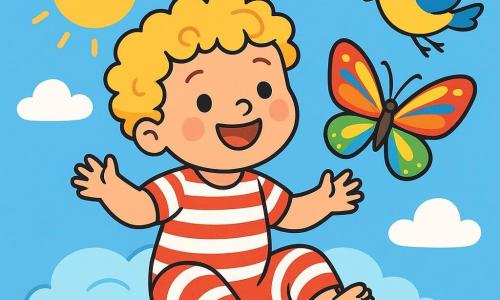 A 2-year-old boy with curly golden hair smiles with sparkling eyes of joy, sitting on a fluffy blue cloud. He wears a red and white striped outfit, and his little bare feet are joyfully wiggling. Next to him, a beautiful butterfly with multicolored wings dances in the air, its shiny wings shimmering in the sun. A yellow and blue bird flies nearby, singing happily with a friendly look. The sky is bright blue, dotted with fluffy white clouds, and the sun shines warmly, creating a soft and serene atmosphere. The scene radiates a sense of happiness and lightness, where the little boy shares a magical moment with his winged friends, laughing and marveling together.