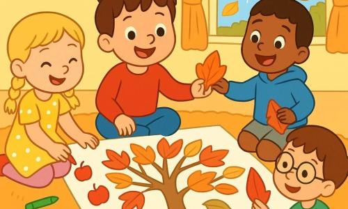 Ci sono 4 bambini: - Tommaso: un ragazzo di 4 anni con capelli castani e occhi vivaci, indossa un maglione rosso e pantaloni blu, è seduto al centro sorridendo mentre incolla foglie su un grande foglio bianco. - Giulia: una ragazza di 4 anni con capelli biondi e trecce, indossa un abito giallo a pois e collant rosa, è a sinistra di Tommaso e disegna mele rosse su un albero fatto di foglie. - Luca: un ragazzo di 4 anni con capelli castani e occhiali, indossa una maglietta verde e pantaloni grigi, è a destra di Tommaso e tiene un foglio a forma di porta per la casa che stanno creando insieme. - Amir: un ragazzo di 4 anni con capelli neri e un sorriso splendente, indossa un felpa blu e pantaloni beige, è dietro Tommaso e porge un foglio a Luca con entusiasmo. L'ambientazione è un salotto accogliente con un grande tappeto morbido e pareti giallo chiaro. Dalla finestra si vedono gocce di pioggia su foglie autunnali colorate. Sulla tavola ci sono pastelli sparsi e una scatola piena di fogli dai colori vivaci: rossi, arancioni e gialli. I bambini stanno creando un grande disegno collettivo con foglie d'autunno, ridendo e aiutandosi, ognuno aggiungendo il proprio tocco personale al loro capolavoro colorato, circondati da un'atmosfera gioiosa e creativa.