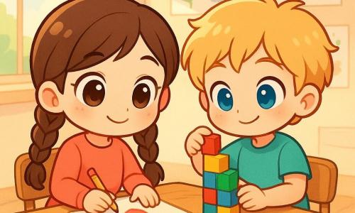 An 8-year-old girl named Maya, with big curious eyes and brown hair in braids, is sitting at a wooden desk, pencil in hand, a gentle smile on her face. Next to her, a 7-year-old boy, Leo, with messy blond hair and a mischievous look, is building a tower with colorful blocks. They are in a bright classroom, with walls covered in children's drawings and a large window letting in sunlight. The main scene shows Maya and Leo preparing letters and drawings for their twin class, surrounded by colorful papers and pencils scattered on the desk.