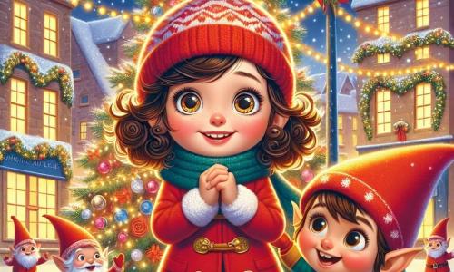 No centro da imagem, uma menina de 10 anos, Clara, com cabelos cacheados e olhos brilhantes de curiosidade, está diante de um grande pinheiro de Natal decorado com luzes cintilantes. Ela usa um casaco vermelho vivo e um gorro de lã, seu rosto radiante de alegria enquanto segura um cristal brilhante nas mãos. Ao lado dela, Pip, um pequeno elfo com um chapéu vermelho e orelhas pontudas, sorri entusiasticamente, seus olhos brilhando de energia mágica. Ao fundo, a praça da pequena cidade está coberta de neve, com casas de telhados nevados e guirlandas luminosas que iluminam a cena. A situação principal mostra Clara e Pip celebrando o retorno do cristal de Natal, cercados por duendes alegres que dançam e cantam, trazendo uma atmosfera festiva e acolhedora a esta cena encantada.