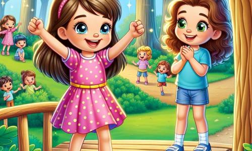 Uma menina de 6 anos, Sofia, com longos cabelos castanhos e olhos brilhantes de alegria, está no meio de uma passarela de madeira, com um sorriso radiante no rosto. Ela usa um vestido rosa com bolinhas brancas e sandálias amarelas, com os braços levantados em sinal de vitória. Ao lado dela, sua melhor amiga Luísa, também de 6 anos, tem cabelos cacheados e está vestida com uma camiseta azul e um short de jeans. Ela aplaude entusiasticamente, com os olhos brilhando de admiração por Sofia. O cenário é um parque verdejante, com árvores majestosas e uma grama bem cuidada. Ao fundo, outras crianças brincam alegremente, adicionando uma atmosfera festiva à cena. A passarela de madeira, feita de troncos de carvalho, está levemente inclinada, dando uma sensação de aventura. A situação principal mostra Sofia, cheia de coragem e alegria, atravessando a passarela, enquanto Luísa a encoraja com um grande sorriso. A atmosfera é repleta de cores vibrantes e sensações de excitação, ilustrando o tema das emoções e da bravura.