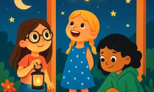 Hay 3 personajes: - Clara: una niña de 8 años con cabello largo y castaño y gafas redondas. Lleva una camiseta rosa y un short de mezclilla. Sostiene una pequeña linterna en su mano, iluminando su rostro curioso. - Sofía: una niña de 8 años con trenzas rubias y una sonrisa radiante. Viste un vestido azul con lunares blancos y mira las estrellas con asombro. - Marta: una niña de 8 años con cabello negro y rizado, que lleva una sudadera verde. Está agachada, pegando estrellas brillantes en el porche, con una expresión concentrada. La escena se desarrolla en el jardín de Clara, bajo un cielo nocturno lleno de estrellas brillantes. El porche está decorado con guirnaldas luminosas y flores coloridas rodean a las niñas, creando un ambiente cálido y mágico. La luna ilumina suavemente la escena, proyectando sombras suaves en el suelo. La situación principal muestra a las tres amigas reunidas, riendo y divirtiéndose juntas, transformando su miedo a la oscuridad en una aventura alegre. Exploran la noche, descubriendo la belleza de las estrellas y sonidos misteriosos, mientras comparten historias y risas.