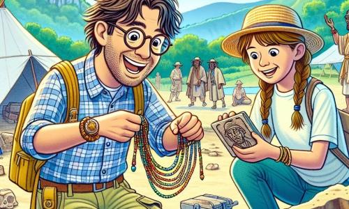 Um arqueólogo, Miguel, está no centro da imagem, com cabelos castanhos desgrenhados e óculos redondos. Ele usa uma camisa xadrez e uma calça cargo, e seu rosto expressa grande empolgação e curiosidade enquanto segura um lindo colar de pérolas coloridas, descoberto no solo. Ao lado dele, uma jovem chamada Ana, com cerca de 25 anos, tem cabelos longos e loiros presos em um rabo de cavalo. Ela usa um chapéu de palha e uma camiseta leve, observando atentamente uma antiga cerâmica que acabou de desenterrar, mantendo-se um pouco afastada para admirar a descoberta de Miguel. O cenário é um sítio arqueológico ao ar livre, com tendas brancas, ferramentas de escavação espalhadas pelo chão e montanhas verdes ao fundo sob um céu azul brilhante. A situação principal mostra Miguel e Ana, cercados por colegas, celebrando a descoberta do colar, com sorrisos radiantes nos rostos, enquanto pássaros voam alegremente acima deles, simbolizando a alegria da descoberta e o espírito de aventura.