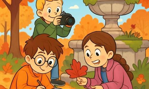 Hay 3 niños: - Mario: un niño de 10 años, con cabello castaño desordenado y gafas redondas. Lleva un suéter naranja y pantalones azules, y está agachado escribiendo en su cuaderno de campo, rodeado de hojas de otoño. - Samuel: un niño de 11 años, con cabello rubio y pecas. Lleva una chaqueta verde y jeans, y está de pie, sosteniendo una cámara, listo para fotografiar un erizo escondido detrás de un arbusto. - Emma: una niña de 10 años, con cabello castaño trenzado y una sonrisa radiante. Lleva un abrigo rosa y botas amarillas, y está agachada junto a Mario, observando una hoja roja que sostiene en su mano. El lugar es un jardín de otoño, lleno de grandes árboles con hojas de colores naranja, rojo y dorado. El suelo está cubierto de hojas muertas, y en el centro hay una vieja fuente de piedra cubierta de musgo, rodeada de flores marchitas. El cielo es azul claro, con algunas nubes blancas flotando. La situación principal muestra a los tres niños explorando, descubriendo la belleza de la naturaleza en otoño. Observan atentamente un erizo que se desliza entre las piedras, mientras los pájaros cantan en los árboles. La atmósfera es alegre y curiosa, llena de risas y descubrimientos.