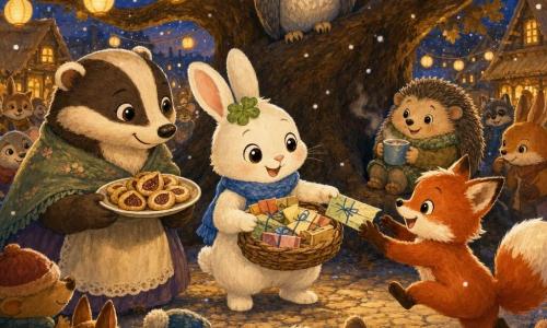The main character is Clover, a small white rabbit with a green clover tuft, big shiny eyes, a warm smile, wearing a blue scarf and holding a wicker basket of folded, blue-tied coupons; to the left stands a gentle, round badger lady with brown-and-cream stripes holding a plate of fig cookies; perched on a low oak branch is a wise old gray-feathered owl with golden eyes watching kindly; a mischievous red fox cub with a bushy tail jumps near the rabbit to grab a coupon, slightly forward to the right; a small plump hedgehog with soft spines sits on a root in the background, smiling and holding a steaming cup of tea; the setting is Woodland Hollow village square at dusk with a massive central oak, yellow paper-lantern garlands, thatched wooden cottages, soft cobbles and light falling snow or glitter, in warm orange and deep blue evening tones; the scene shows a New Year celebration as animals form a circle around the oak while the rabbit hands out colorful vouchers, creating a gentle, luminous, kindly and slightly magical atmosphere.