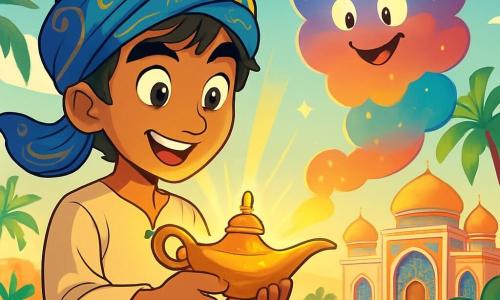Karim, ein junger Mann mit funkelnden Augen und strahlendem Lächeln, steht vor einer wunderschönen goldenen Lampe, sein Gesicht erleuchtet von dem geheimnisvollen Glanz, der davon ausgeht. Er trägt einen blauen Turban mit goldenen Mustern und eine leichte Tunika, die sanft im warmen Wüstensand weht. Neben ihm erscheint Sirad, der Geist, in Form einer bunten Wolke mit leuchtenden Augen und einem schelmischen Lächeln. Er schwebt leicht über dem Boden, umgeben von kleinen, leuchtenden Funken, bereit, Geheimnisse zu enthüllen. Im Hintergrund erhebt sich majestätisch ein prächtiger Palast aus schimmerndem Marmor, dessen Wände mit bunten Mosaiken verziert sind. Palmen mit üppig grünen Blättern und strahlenden Blumen verleihen der Umgebung einen Hauch von Magie. Die Szene zeigt Karim, der die magische Lampe entdeckt, während goldene Lichtstrahlen daraus strömen und sein staunendes Gesicht erleuchten. Der leichte Wind hebt seinen Turban leicht an, was eine Atmosphäre von Geheimnis und Abenteuer schafft.