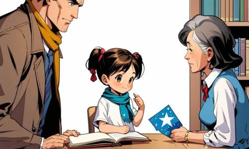 Un hombre adulto, el detective Nico, con expresión tranquila y atenta, chaqueta marrón clara y bufanda fina, sostiene un pequeño cuaderno y se inclina hacia la mesa; una niña, Lucía, de 8 años, con dos trenzas, ojos brillantes y sonrisa tímida, está sentada ante la mesa sosteniendo delicadamente el pañuelo azul con estrellas y mirando a su abuela; una mujer adulta, Marta la bibliotecaria, de unos 45 años, pelo gris recogido y gafas redondas, de expresión serena y concentrada, está sentada frente a Lucía cosiendo una pequeña estrella en la esquina del pañuelo; un joven, Sergio, de unos 28 años, pelo negro despeinado y chaqueta gris, permanece de pie detrás de Marta, con un imperdible en la mano y aliviado; la abuela, de unos 70 años con vestido verde y pelo blanco recogido, está de pie junto a Lucía visiblemente emocionada lista para abrazar el pañuelo; el lugar es la sala infantil de una biblioteca con mesa de madera clara, sillas bajas coloridas, estanterías con libros ilustrados y luz cálida entrando por una ventana; situación principal: momento de devolución y reparación del pañuelo azul, todos muestran alivio en un ambiente tranquilo y cálido.