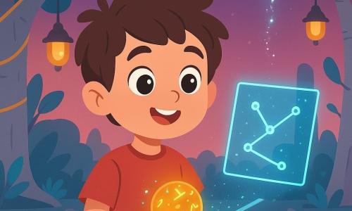 Un niño de 6 años de rostro redondo y cabello castaño despeinado mira maravillado mientras sostiene un pequeño amuleto redondo brillante que flota sobre su palma; sus ojos grandes y brillantes muestran curiosidad y alegría. El amuleto es una esfera dorada luminosa con pequeñas runas y puntos azules; a su lado cuelga del cielo un hilo de luz en forma de cuerda de estrellas que proyecta un delgado holograma de mapa luminoso indicando tres caminos. Al fondo hay un bosque de troncos gris claro con cables dorados en las ramas, hojas turquesa y una torre metálica lejana con ventanas azules; el suelo está empedrado con canicas de colores esparcidas. Es el crepúsculo con cielo rosa-violeta y pequeñas linternas que emiten una luz cálida; la escena es a la vez mágica y tecnológica, en un marco de ciencia-fantasía acogedor.