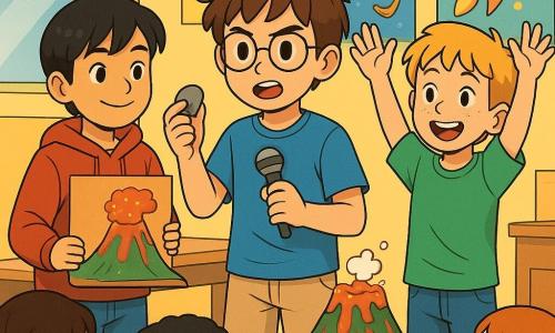 Hay 3 personajes: - Mateo: un niño de 11 años, con cabello castaño desordenado y gafas redondas. Lleva una camiseta azul y un pantalón corto beige. Está en el centro, sosteniendo una pequeña piedra en su mano, con una expresión determinada en su rostro. - Raúl: un niño de 11 años, con cabello negro y liso, que lleva una sudadera roja con capucha. Está ligeramente a la izquierda de Mateo, sonriendo y sosteniendo un cartón decorado para su volcán. - Diego: un niño de 11 años, con cabello rubio y pecas. Lleva una camiseta verde y jeans. Está a la derecha de Mateo, levantando los brazos en el aire, como si estuviera listo para hacer una presentación. El lugar es un aula luminosa, con paredes pintadas de amarillo y carteles coloridos sobre ciencias. Al fondo, una gran ventana deja entrar la luz del sol, iluminando una mesa de madera sobre la que hay un volcán de cartón, pintado de rojo y verde, con burbujas de 