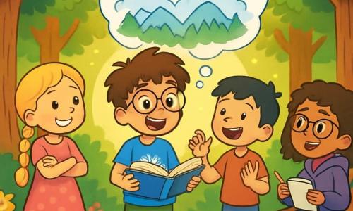 Há 4 crianças: - João: um menino de 10 anos, com cabelos castanhos bagunçados e óculos redondos. Ele usa uma camiseta azul com um desenho de nuvem e um short verde. Está em pé no centro, com os olhos brilhando de imaginação, segurando um livro aberto nas mãos. - Rita: uma menina de 10 anos, com longos cabelos loiros trançados e um sorriso radiante. Ela usa um vestido rosa com bolinhas e sandálias amarelas. Está à esquerda de João, com os braços cruzados, ouvindo atentamente a história. - Miguel: um menino de 10 anos, com cabelos pretos curtos e sardas no rosto. Ele usa uma camiseta vermelha e uma calça jeans. Está à direita de João, com as mãos levantadas como se estivesse propondo uma ideia. - Sofia: uma menina de 10 anos, com cabelos castanhos cacheados e óculos retangulares. Ela usa um moletom roxo e uma legging preta. Está um pouco atrás, segurando um caderno e um lápis, pronta para anotar as ideias. O cenário é uma clareira encantada no coração da Floresta das Histórias, cercada por árvores majestosas com troncos grossos e folhas verdes brilhando ao sol. Flores coloridas enfeitam o chão, e um suave raio de luz filtra através dos galhos, criando uma atmosfera mágica. No centro, um velho contador de histórias com barba branca está sentado em um tronco, ouvindo as crianças com benevolência. A cena mostra as crianças criando uma história juntas, cercadas pela magia da floresta, trocando ideias, rindo e se entusiasmando, enquanto nuvens em forma de gigantes gentis flutuam acima delas, simbolizando sua imaginação abundante.