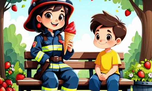 Una pompiere donna, Sofia, sorridente e piena di energia, indossa un grande casco rosso lucido e una tuta blu. È seduta su una panchina in un parco soleggiato, gustando un gelato alle fragole, con gli occhi scintillanti di gioia. Accanto a lei, un ragazzo di circa 6 anni, curioso ed entusiasta, con i capelli castani spettinati e una maglietta gialla, la osserva con ammirazione, le mani sui fianchi. Il parco è pieno di verde, con grandi alberi dalle foglie verdi brillanti e fiori colorati che danzano nella leggera brezza. Un cielo blu chiaro si estende sopra, punteggiato da alcune nuvole bianche e soffici. Sofia spiega con passione il suo lavoro di pompiere, mentre il ragazzo la ascolta attentamente, gli occhi sbarrati per lo stupore. Condividono un momento di complicità, circondati dalla bellezza del parco, dove amicizia e sogno d'avventura si mescolano.