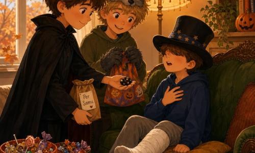 Tre bambini: Tommaso (circa 9 anni, capelli castani arruffati, piccola mantella nera un po' lunga, tiene una bustina di carta con l'etichetta 