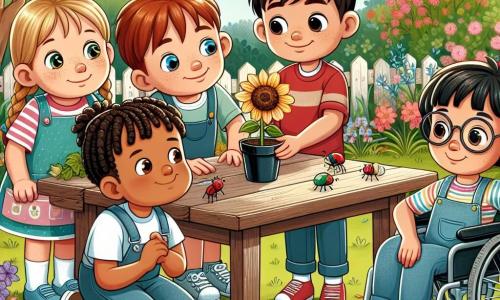 In een bloeiende schooltuin zijn vier kinderen samengekomen rond een rustieke houten tafel. Sam, een 11-jarig jongetje met bruin haar en sprankelende ogen, houdt een klein aardepotje vast met een jonge zonnebloemplant en glimlacht trots. Naast hem kijkt Emma, een 10-jarig meisje met gevlochten blond haar en ronde bril, aandachtig naar een groep vliegen die rond een bloem vliegen. Lucas, een 11-jarig jongetje met kastanjebruin haar en een gebruinde huid, hurkt bij een struik en houdt een gekleurd plastic ei vast dat hij net heeft gevonden, met een opgewonde blik op zijn gezicht. Ten slotte glimlacht Noor, een 10-jarig meisje in een rolstoel met zwart haar en een bril, terwijl ze een klein zakje zaden vasthoudt, klaar om te planten. De tuin is gevuld met kleurrijke bloemen, waaronder rode tulpen, gele narcissen en paarse krokussen, terwijl vogels zingen in de groene bomen. De lucht is helderblauw met enkele donzige witte wolken. De belangrijkste situatie toont de kinderen die zaden planten in potten, omringd door aarde en gelach, wat het verwondering en de vreugde van het samen ontdekken van de magie van de lente symboliseert.