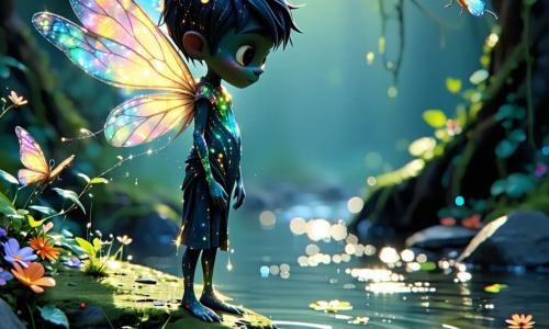 Lumis, uma criatura de luz com pele iridescente cintilante, está à beira de um riacho, seu rosto expressando profunda determinação e leve tristeza. Ele observa a água turva, cercado por resíduos coloridos que flutuam na superfície. Floria, uma pequena fada com asas brilhantes e cabelos floridos, voa perto dele, seu rosto mostrando preocupação, enquanto segura um pequeno galho para ajudar a limpar o riacho. Garim, um majestoso carvalho antigo com um tronco largo e folhas verdes luxuriantes, se ergue ao fundo, exibindo uma expressão sábia e preocupada, pronto para dar conselhos. O local é uma clareira encantada, banhada pela suave luz da lua, com árvores majestosas ao redor do riacho, flores coloridas espalhadas pelo chão e estrelas cintilantes no céu noturno. A cena principal mostra Lumis e seus amigos se unindo para salvar seu habitat, com gestos dinâmicos e expressões engajadas, ilustrando sua determinação em limpar o riacho poluído.
