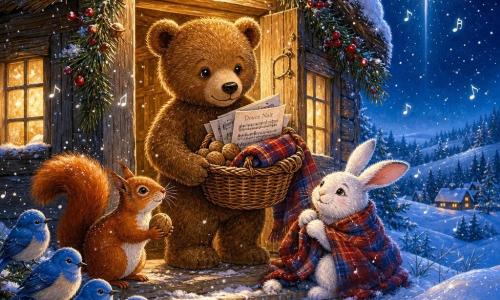 Urso de pelúcia realista médio, pelos castanho‑castanha, olhos redondos e sorriso suave, de pé na porta de uma pequena casa de madeira, segurando um cesto de vime com nozes, um cobertor e partituras; expressão benevolente e postura acolhedora; à esquerda, um esquilo ruivo segurando uma noz com olhar agradecido; à direita, um coelho branco de orelhas longas e pelo salpicado de neve, sentado e em parte enrolado no cobertor, aliviado; um grupo de passarinhos azuis empoleirados num ramo baixo do pinheiro, penas eriçadas, um cantando; a casa é uma chalé de madeira clara com janelas em caixilho iluminadas por uma lâmpada redonda que projeta um halo dourado, telhado coberto de neve, guirlandas de bagas vermelhas e ramos de pinho na entrada; caminho brilhante de neve com pegadas de animais e flocos desenhados como pequenas notas musicais; no céu noturno, uma grande estrela prateada acima da colina lança brilhos como pó de luz; atmosfera de noite de Natal calorosa e suave, contraste entre o halo quente da lâmpada e o azul frio da neve, estilo tinta colorida com traços nítidos, lavagens translúcidas e texturas detalhadas de pelos, madeira e flocos.